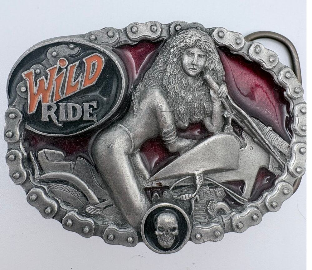 Vintage "Wild Ride" Silver-tone and Red Motorcycle Themed Belt Buckle